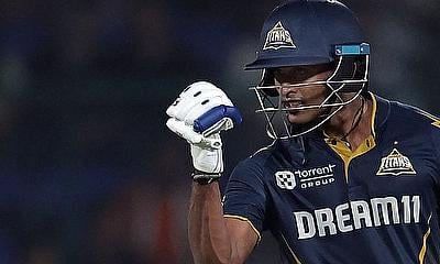 Gujarat Titans' Sai Sudharsan celebrates after scoring a century