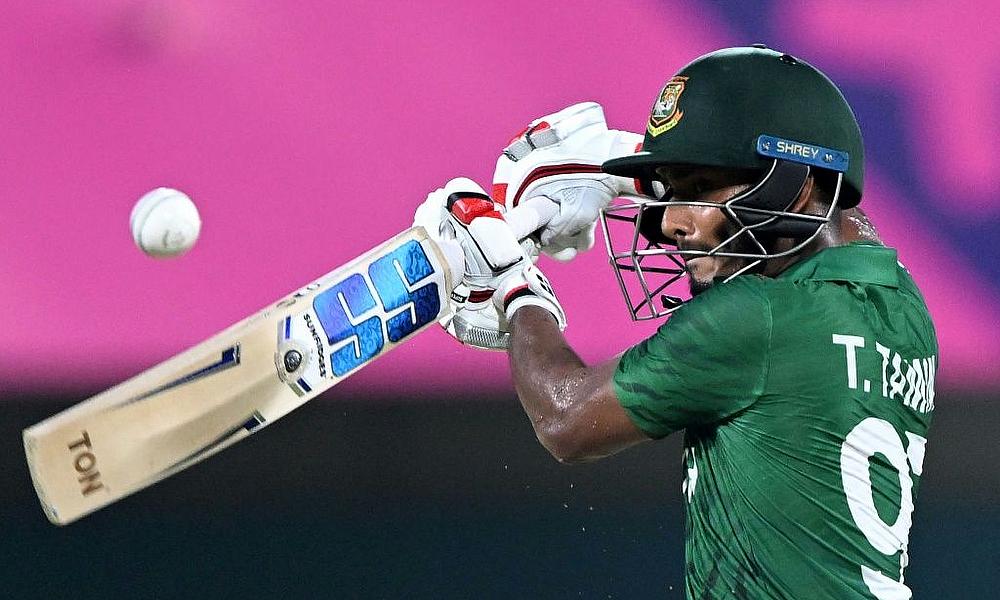 Top scorer Bangladesh's Tanzid Hasan plays a shot during Friday's warm-up match against Sri Lanka