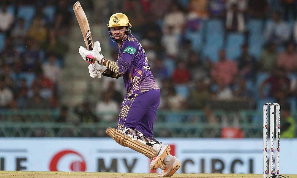 Kolkata Knight Riders' Sunil Narine plays a shot