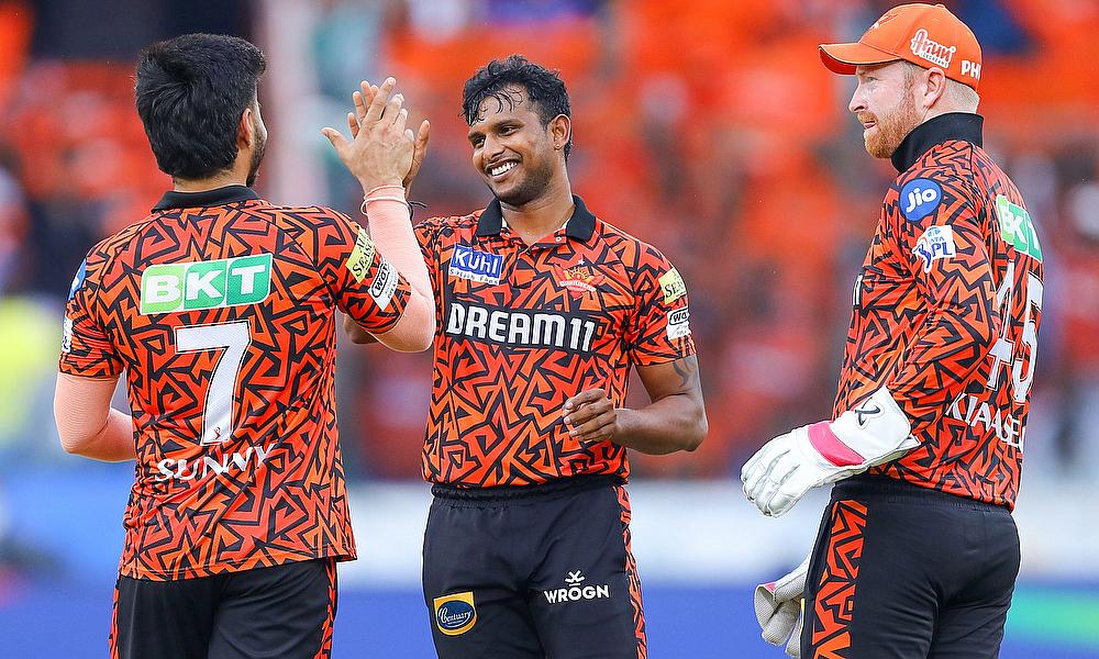 Sunrisers Hyderabad's T. Natarajan celebrates