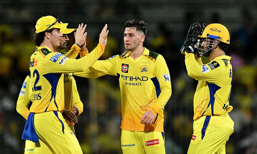 Chennai Super Kings' Noor Ahmad celebrates with teammates