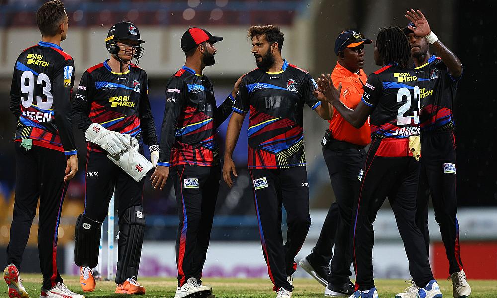 Imad Wasim of Antigua and Barbuda Falcons celebrates Imad Wasim of Antigua and Barbuda Falcons celebrates
